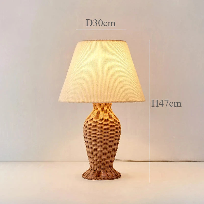 Luminária Rattan Japonesa Abajur Tecido LED Sala Quarto