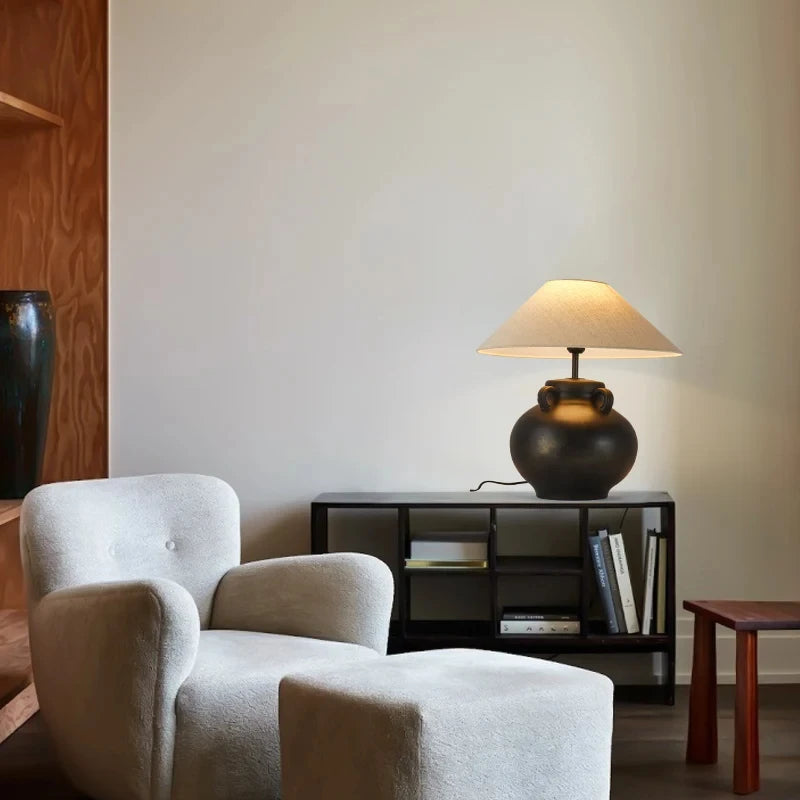 Luminária Cerâmica Wabi-Sabi Nórdica Abajur Tecido Design