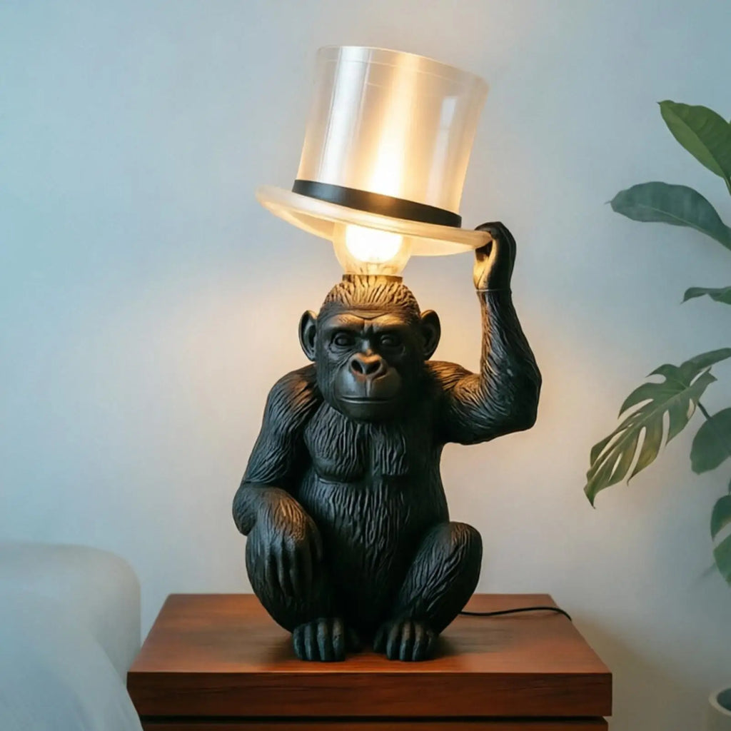 Luminária de Mesa Macaco Cartola Resina – Presente Criativo e Decoração