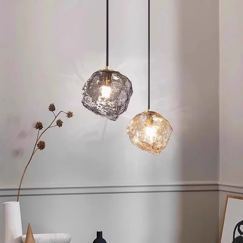 Pendente Celeira - Vidro Texturizado e Pedra - ilha de cozinha wabi-sabi