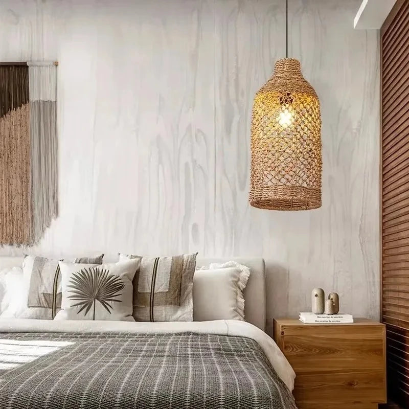 Pendente Retro de Bambu e Rattan Tecido à Mão para Sala de Jantar e...