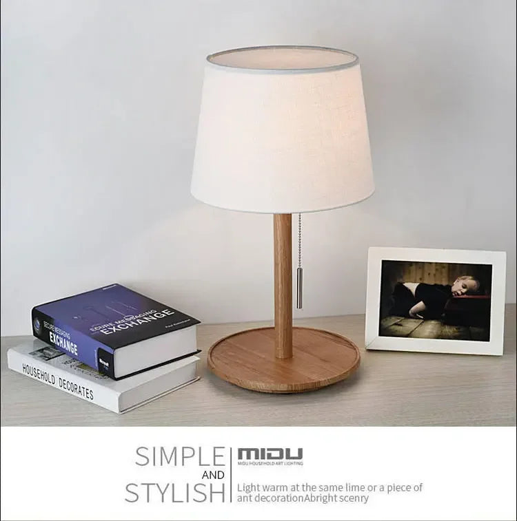 Abajur Custom Modern Nordic Luxo Casa Sala de Estar Quarto Decoração Round Fabric Wood Base Cloth Table Lamp