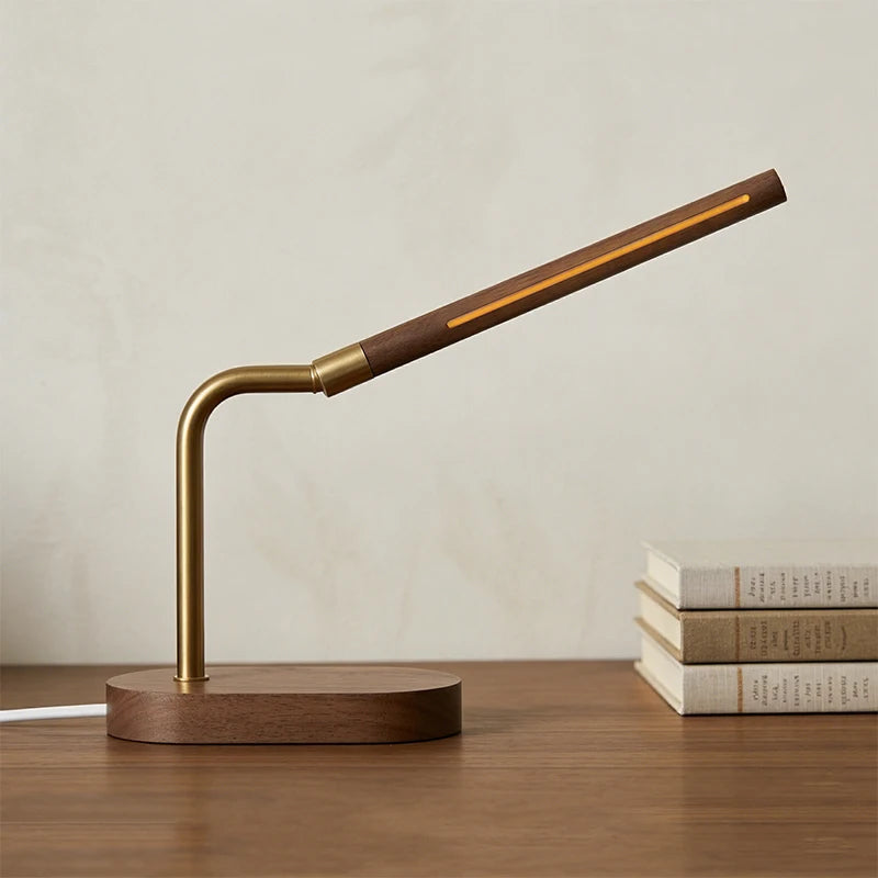 Luminária de Mesa COB Madeira USB com Ângulo Ajustável – Minimalista