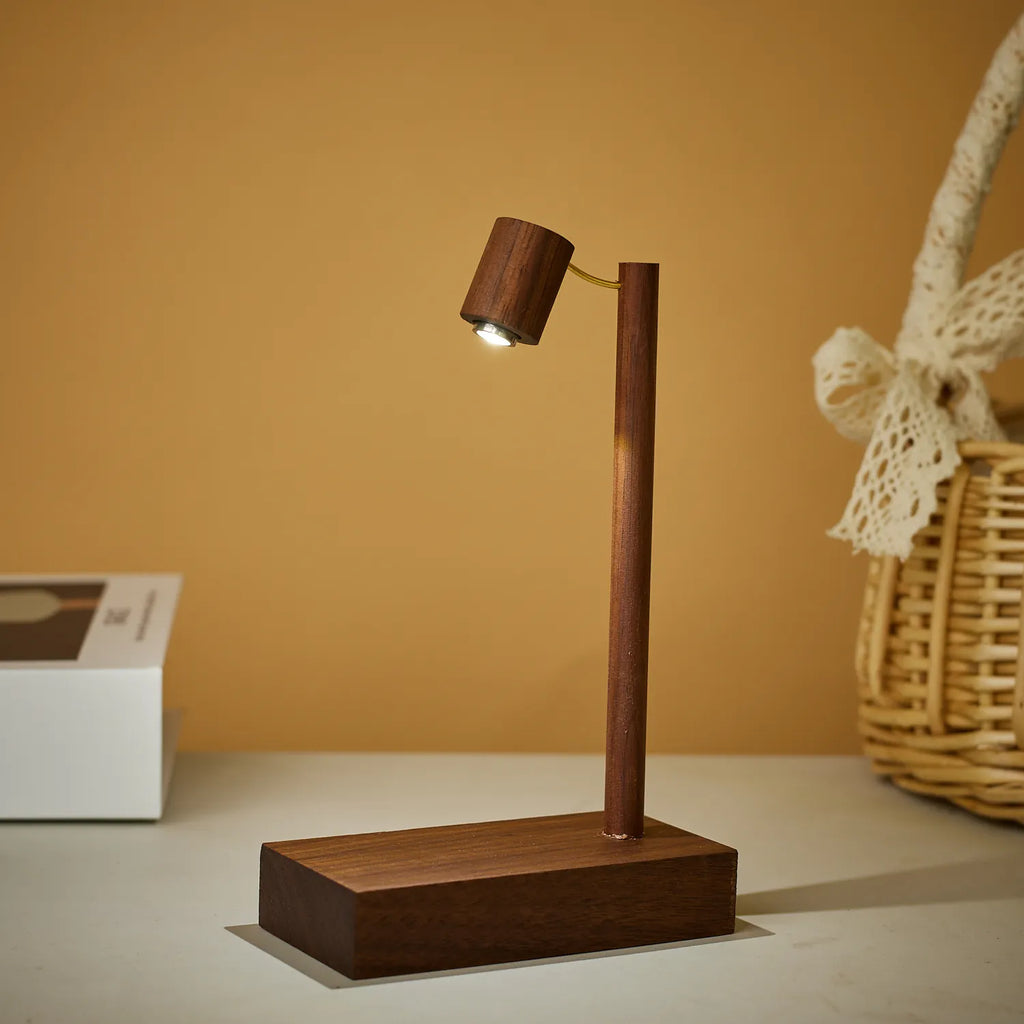 Luminária de Mesa Madeira Retrô com Botão Rotativo LED – Cabeceira