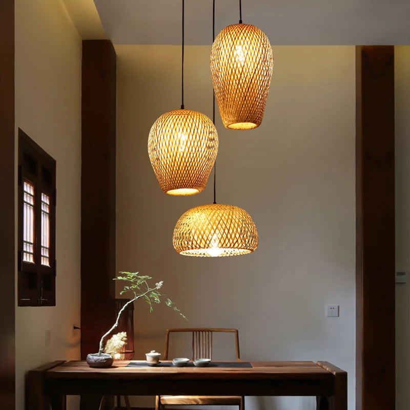 Lustre Lanterna de Bambu Trançado à Mão Retrô