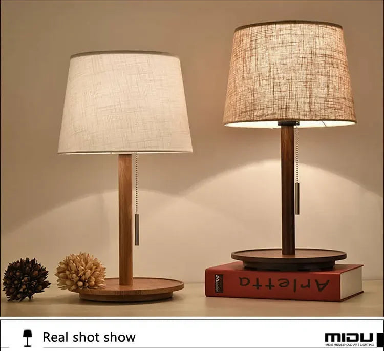 Abajur Custom Modern Nordic Luxo Casa Sala de Estar Quarto Decoração Round Fabric Wood Base Cloth Table Lamp