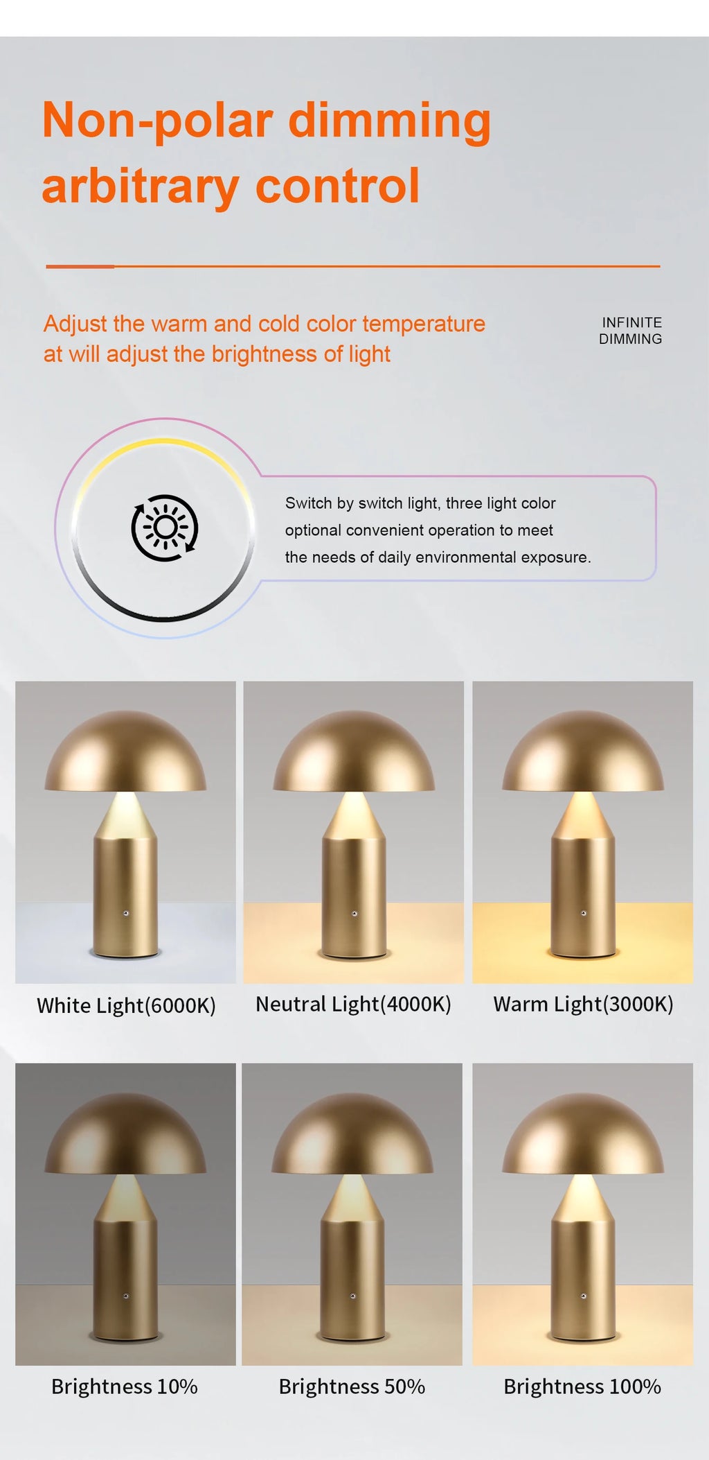 Abajur Cogumelo LED 3 Cores Touch USB Recarregável
