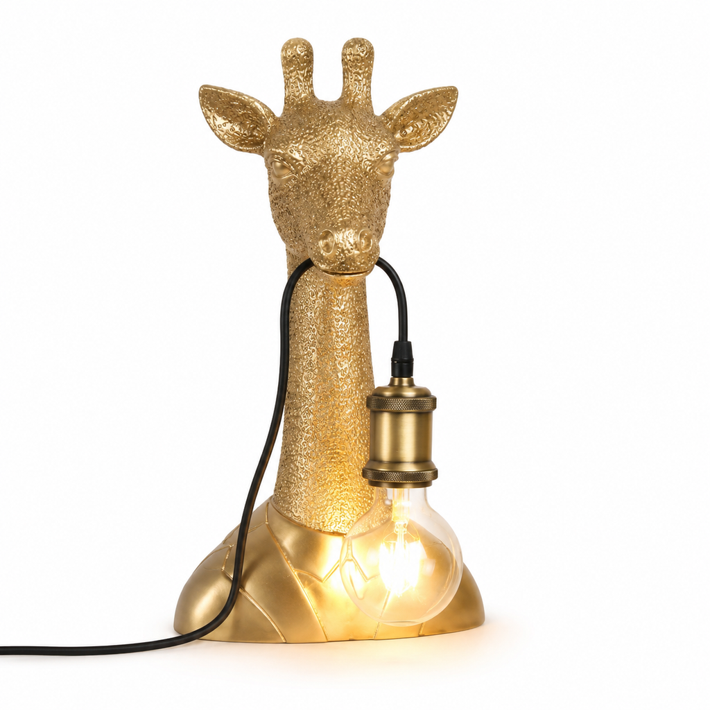 Luminária de Mesa Girafa Resina LED E27 – Decoração Dourada e Infantil
