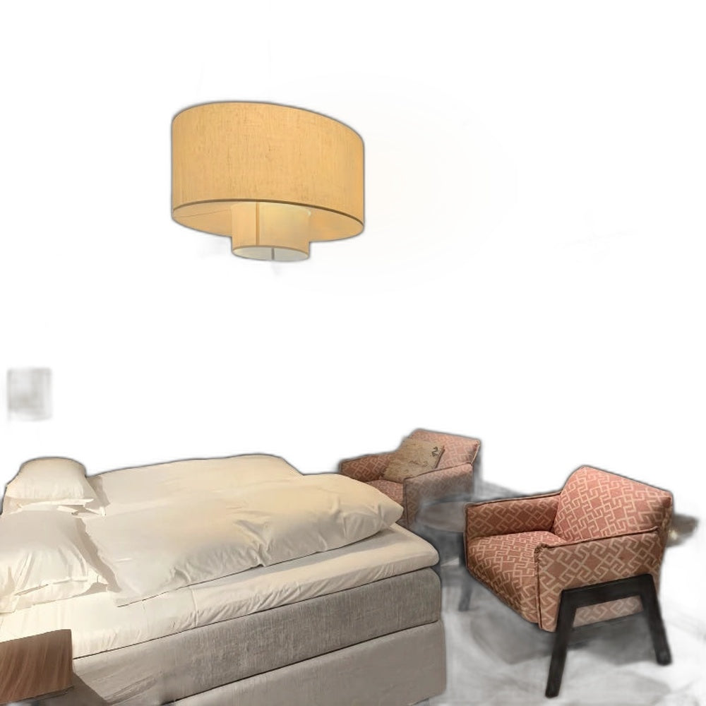 Pendente Vintage em Tecido Creme com fundo branco e luz LED 3000K