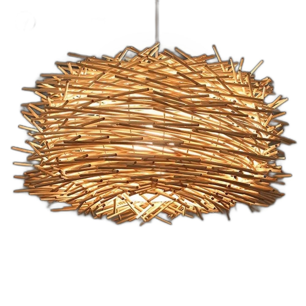 Pendente Artesanal Ninho de Pássaro 30cm com fundo branco e luz LED 3000K