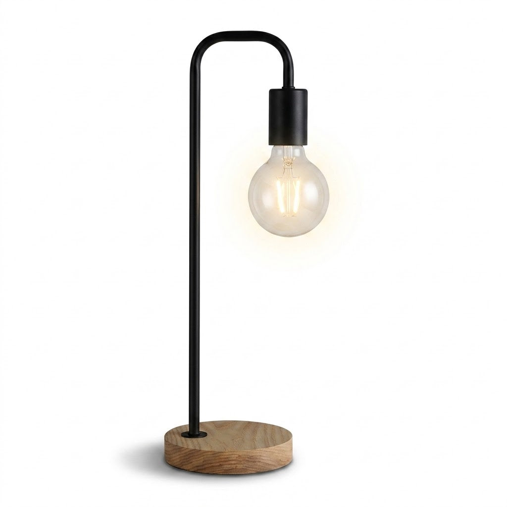 Luminária de Mesa Loft Industrial Base Madeira E27 – Vintage para Sala e Escritório